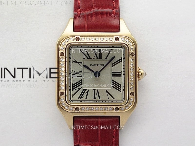 Santos Dumont 38mm RG Diamonds Bezel F1F Best Edition Silver Dial on Red Leather Strap Quartz