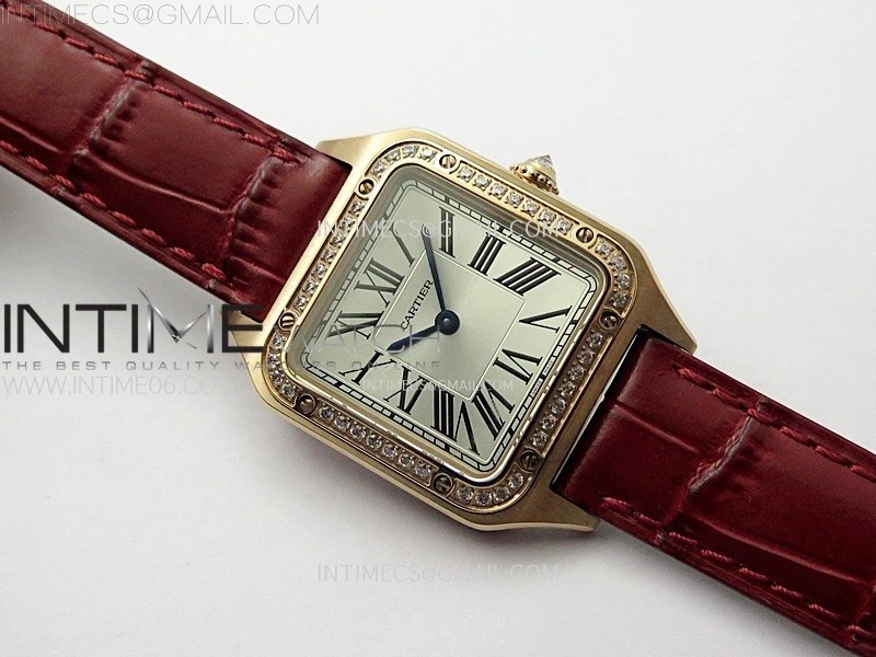 Santos Dumont 38mm RG Diamonds Bezel F1F Best Edition Silver Dial on Red Leather Strap Quartz