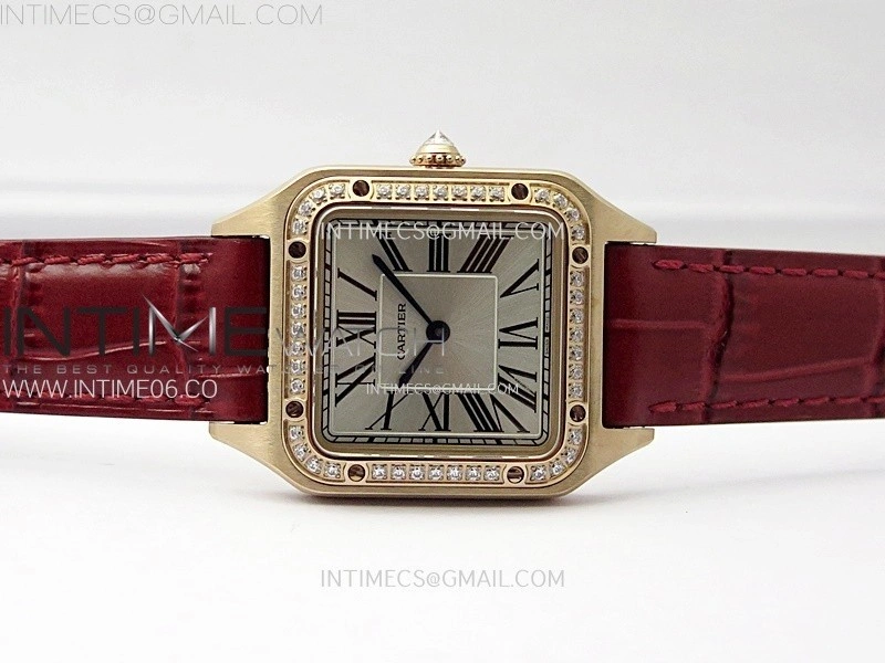 Santos Dumont 38mm RG Diamonds Bezel F1F Best Edition Silver Dial on Red Leather Strap Quartz