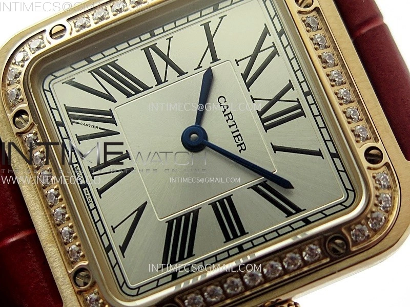 Santos Dumont 38mm RG Diamonds Bezel F1F Best Edition Silver Dial on Red Leather Strap Quartz