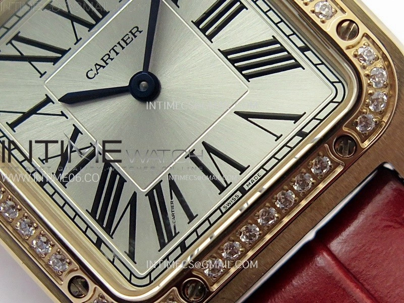 Santos Dumont 38mm RG Diamonds Bezel F1F Best Edition Silver Dial on Red Leather Strap Quartz