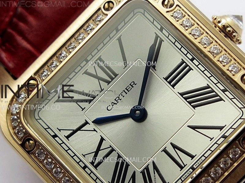 Santos Dumont 38mm RG Diamonds Bezel F1F Best Edition Silver Dial on Red Leather Strap Quartz