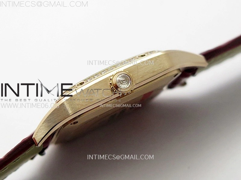 Santos Dumont 38mm RG Diamonds Bezel F1F Best Edition Silver Dial on Red Leather Strap Quartz
