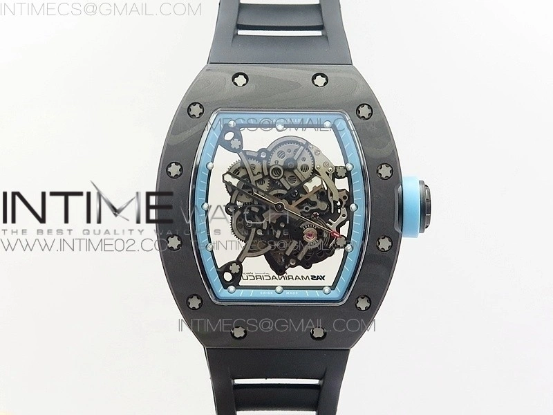RM055 Carbon Case KVF Best Edition Carbon Bezel Skeleton Dial Blue Crown on black Rubber Strap MIYOTA8215
