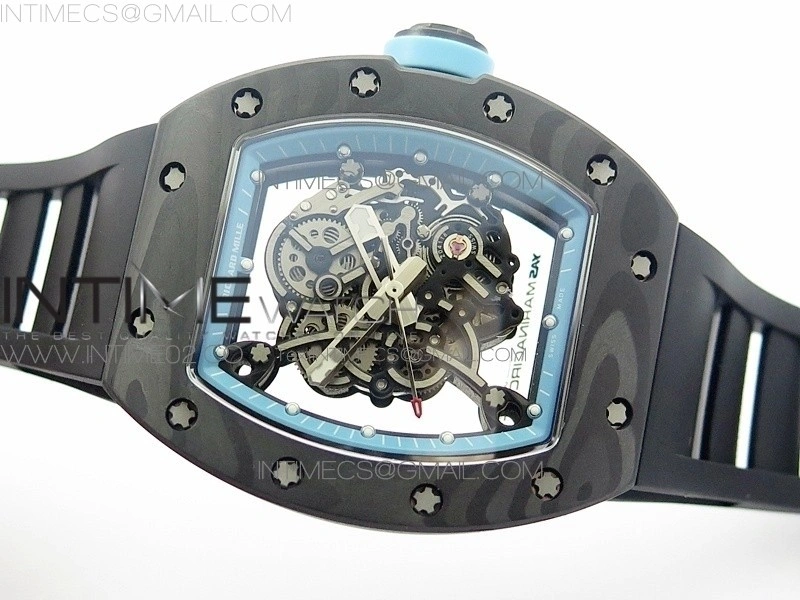 RM055 Carbon Case KVF Best Edition Carbon Bezel Skeleton Dial Blue Crown on black Rubber Strap MIYOTA8215
