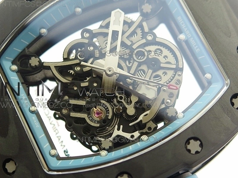 RM055 Carbon Case KVF Best Edition Carbon Bezel Skeleton Dial Blue Crown on black Rubber Strap MIYOTA8215