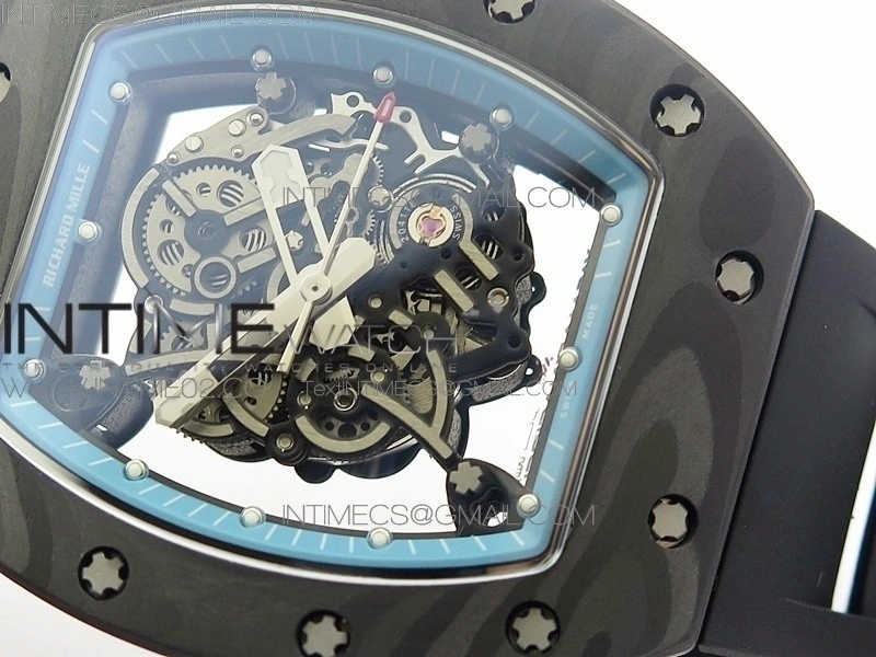 RM055 Carbon Case KVF Best Edition Carbon Bezel Skeleton Dial Blue Crown on black Rubber Strap MIYOTA8215