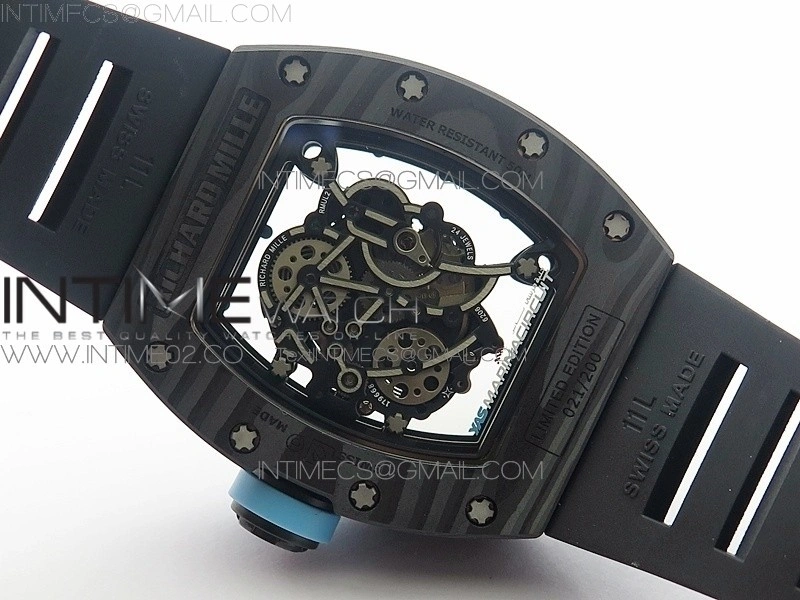 RM055 Carbon Case KVF Best Edition Carbon Bezel Skeleton Dial Blue Crown on black Rubber Strap MIYOTA8215