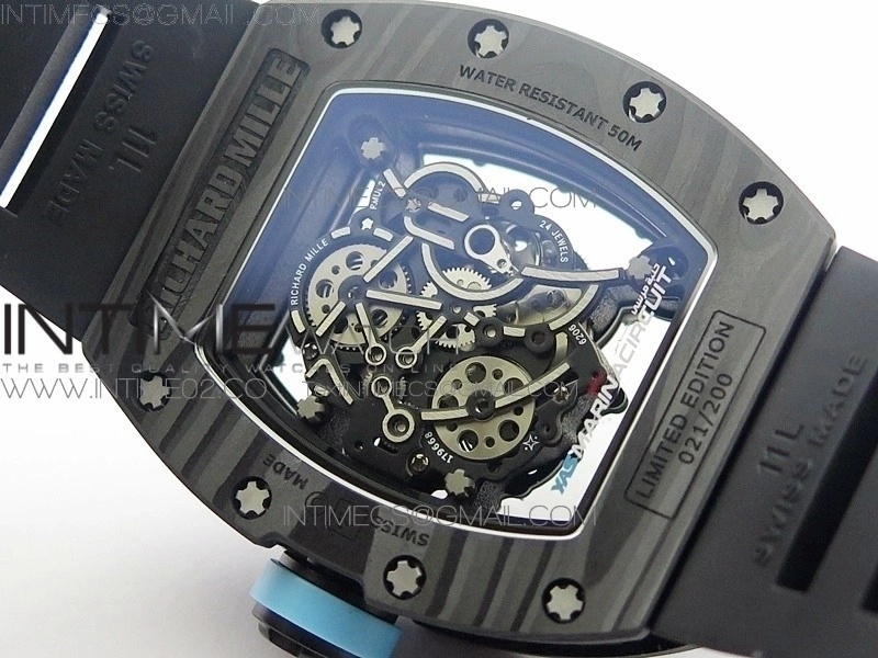 RM055 Carbon Case KVF Best Edition Carbon Bezel Skeleton Dial Blue Crown on black Rubber Strap MIYOTA8215
