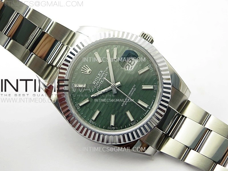 DateJust 41mm 126334 904 SS AR+F V2 1:1 Best Edition Fluted Bezel Motif Green Dial Sticks Markers on Oyster Bracelet DD3235