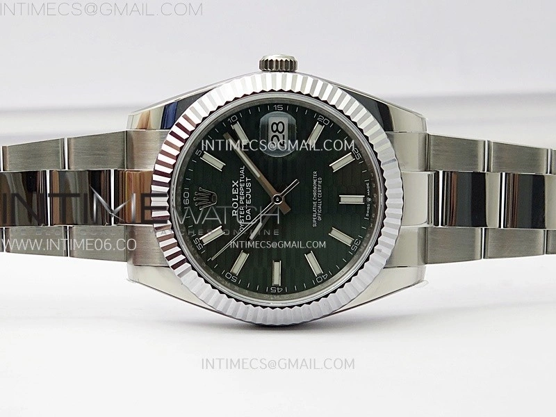 DateJust 41mm 126334 904 SS AR+F V2 1:1 Best Edition Fluted Bezel Motif Green Dial Sticks Markers on Oyster Bracelet DD3235