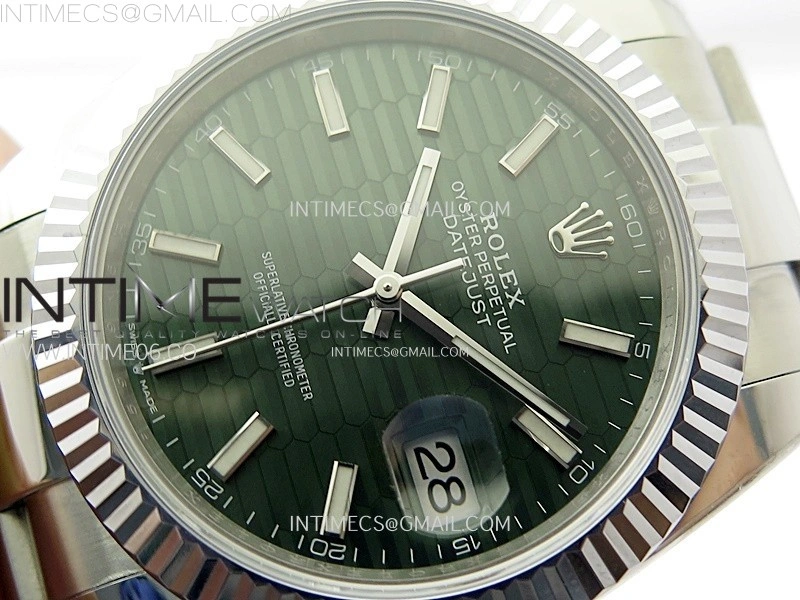 DateJust 41mm 126334 904 SS AR+F V2 1:1 Best Edition Fluted Bezel Motif Green Dial Sticks Markers on Oyster Bracelet DD3235