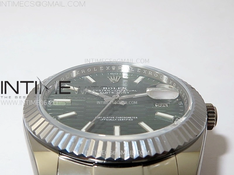 DateJust 41mm 126334 904 SS AR+F V2 1:1 Best Edition Fluted Bezel Motif Green Dial Sticks Markers on Oyster Bracelet DD3235