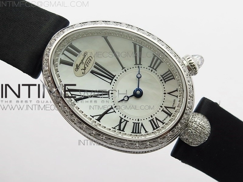 Reine de Naples 8928BB 33mm SS ZF 1:1 Best Edition White MOP Dial Roman Markers Diamonds Bezel on Black Fabric Strap A537
