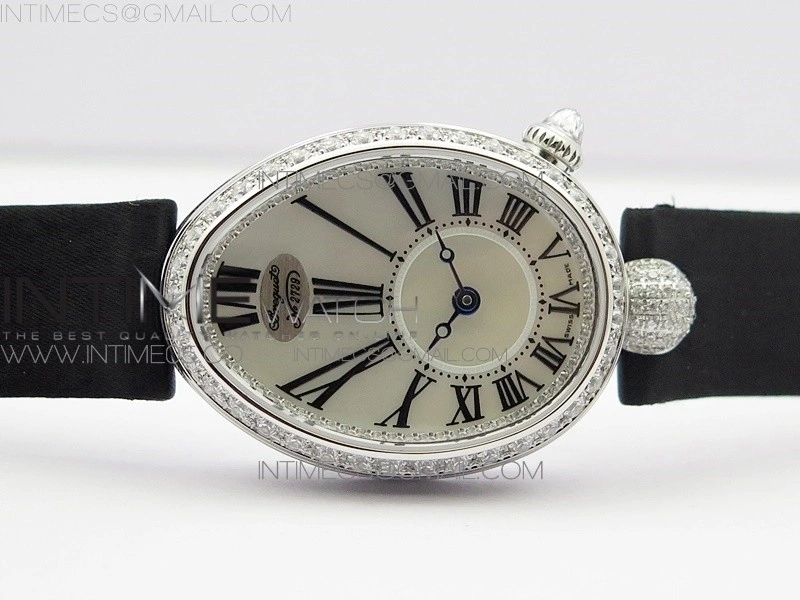 Reine de Naples 8928BB 33mm SS ZF 1:1 Best Edition White MOP Dial Roman Markers Diamonds Bezel on Black Fabric Strap A537