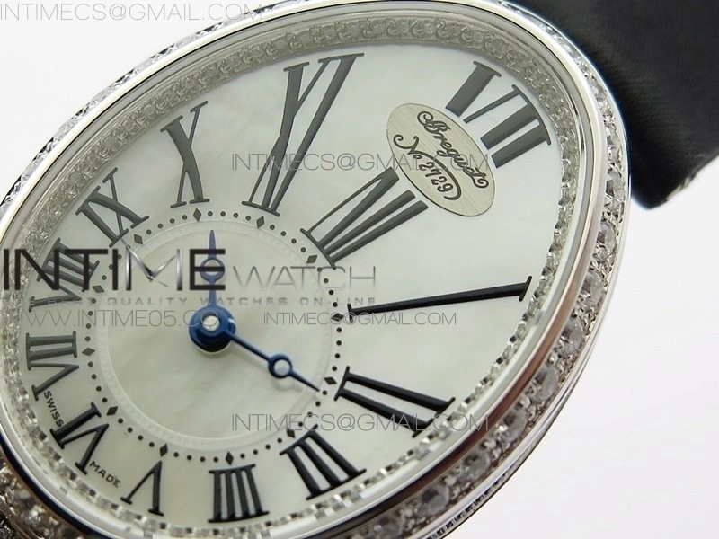 Reine de Naples 8928BB 33mm SS ZF 1:1 Best Edition White MOP Dial Roman Markers Diamonds Bezel on Black Fabric Strap A537