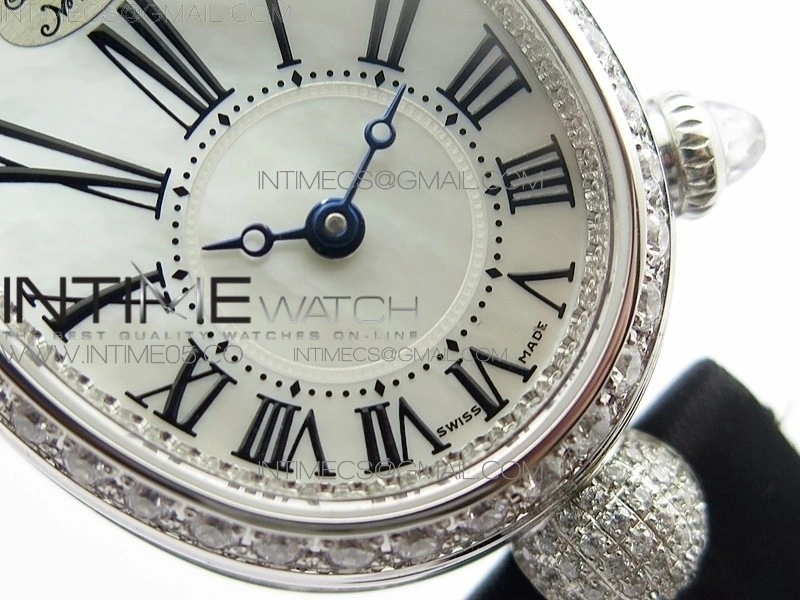Reine de Naples 8928BB 33mm SS ZF 1:1 Best Edition White MOP Dial Roman Markers Diamonds Bezel on Black Fabric Strap A537