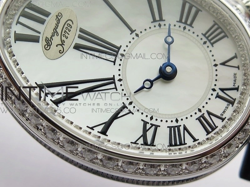 Reine de Naples 8928BB 33mm SS ZF 1:1 Best Edition White MOP Dial Roman Markers Diamonds Bezel on Black Fabric Strap A537