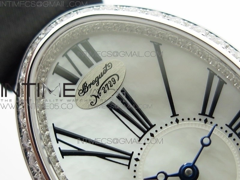 Reine de Naples 8928BB 33mm SS ZF 1:1 Best Edition White MOP Dial Roman Markers Diamonds Bezel on Black Fabric Strap A537