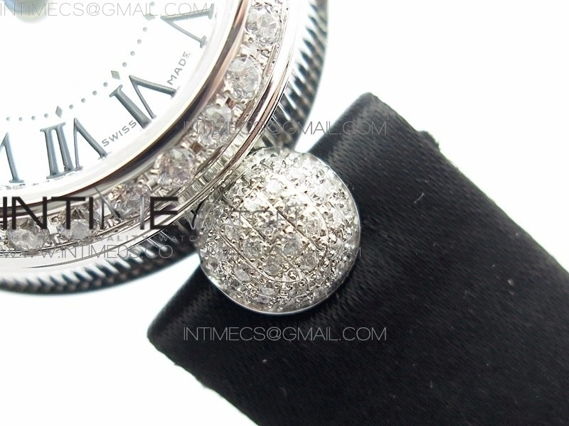 Reine de Naples 8928BB 33mm SS ZF 1:1 Best Edition White MOP Dial Roman Markers Diamonds Bezel on Black Fabric Strap A537