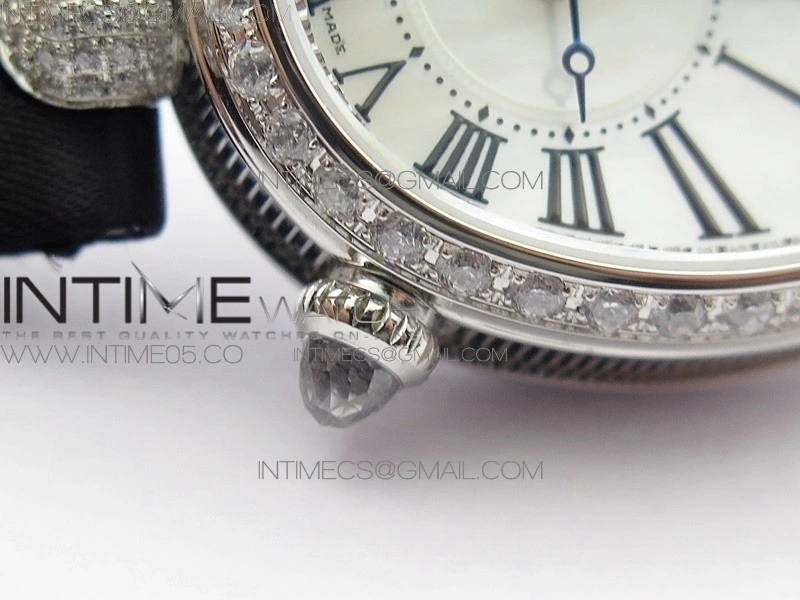 Reine de Naples 8928BB 33mm SS ZF 1:1 Best Edition White MOP Dial Roman Markers Diamonds Bezel on Black Fabric Strap A537