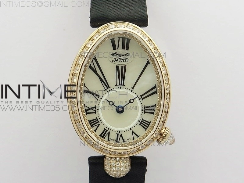 Reine de Naples 8928BB 33mm RG ZF 1:1 Best Edition White MOP Dial Roman Markers Diamonds Bezel on Black Fabric Strap A537