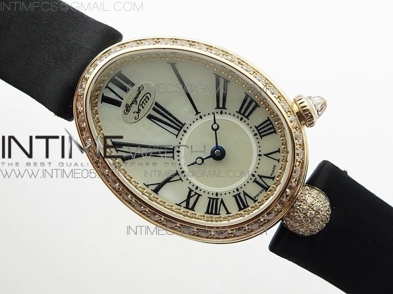 Reine de Naples 8928BB 33mm RG ZF 1:1 Best Edition White MOP Dial Roman Markers Diamonds Bezel on Black Fabric Strap A537