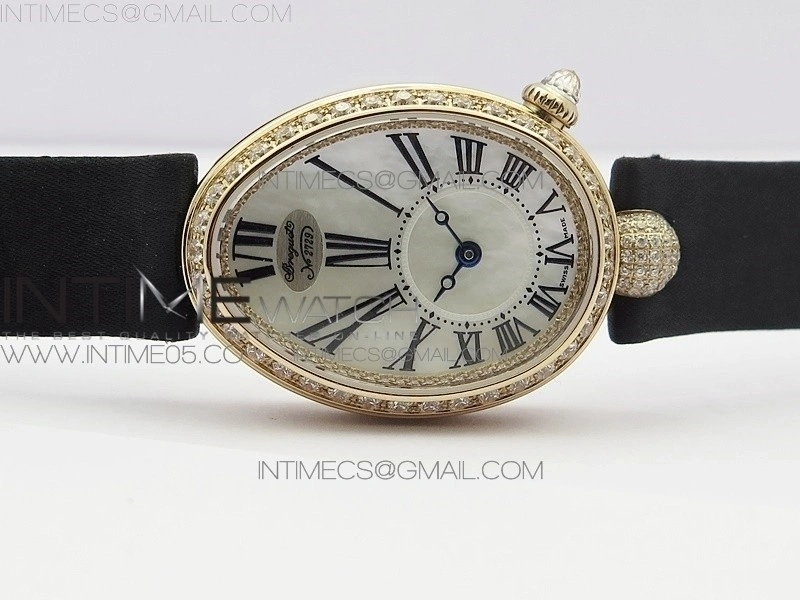 Reine de Naples 8928BB 33mm RG ZF 1:1 Best Edition White MOP Dial Roman Markers Diamonds Bezel on Black Fabric Strap A537