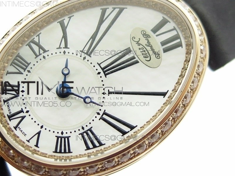 Reine de Naples 8928BB 33mm RG ZF 1:1 Best Edition White MOP Dial Roman Markers Diamonds Bezel on Black Fabric Strap A537