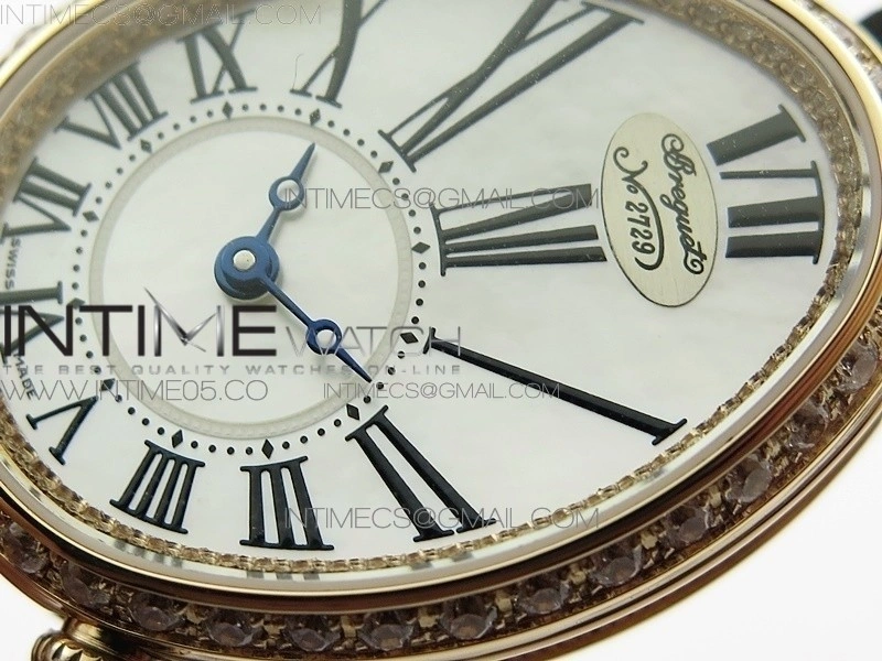 Reine de Naples 8928BB 33mm RG ZF 1:1 Best Edition White MOP Dial Roman Markers Diamonds Bezel on Black Fabric Strap A537