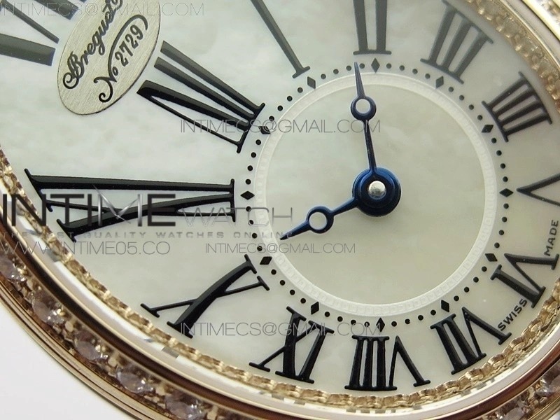 Reine de Naples 8928BB 33mm RG ZF 1:1 Best Edition White MOP Dial Roman Markers Diamonds Bezel on Black Fabric Strap A537