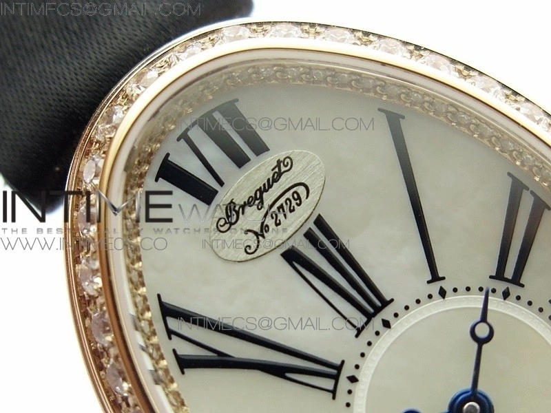Reine de Naples 8928BB 33mm RG ZF 1:1 Best Edition White MOP Dial Roman Markers Diamonds Bezel on Black Fabric Strap A537