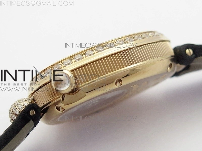 Reine de Naples 8928BB 33mm RG ZF 1:1 Best Edition White MOP Dial Roman Markers Diamonds Bezel on Black Fabric Strap A537