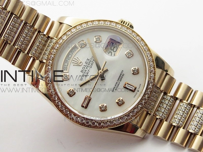 Day-Date 36 128235 RG Crystal BP Best Edition White MOP Crystal Marker Dial on RG President Bracelet A2836