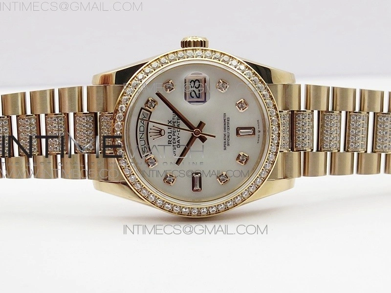 Day-Date 36 128235 RG Crystal BP Best Edition White MOP Crystal Marker Dial on RG President Bracelet A2836
