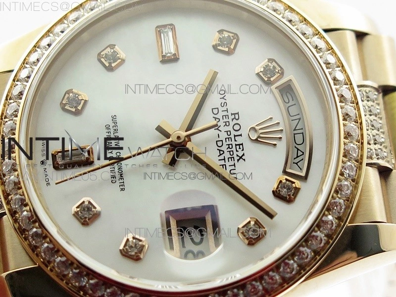 Day-Date 36 128235 RG Crystal BP Best Edition White MOP Crystal Marker Dial on RG President Bracelet A2836