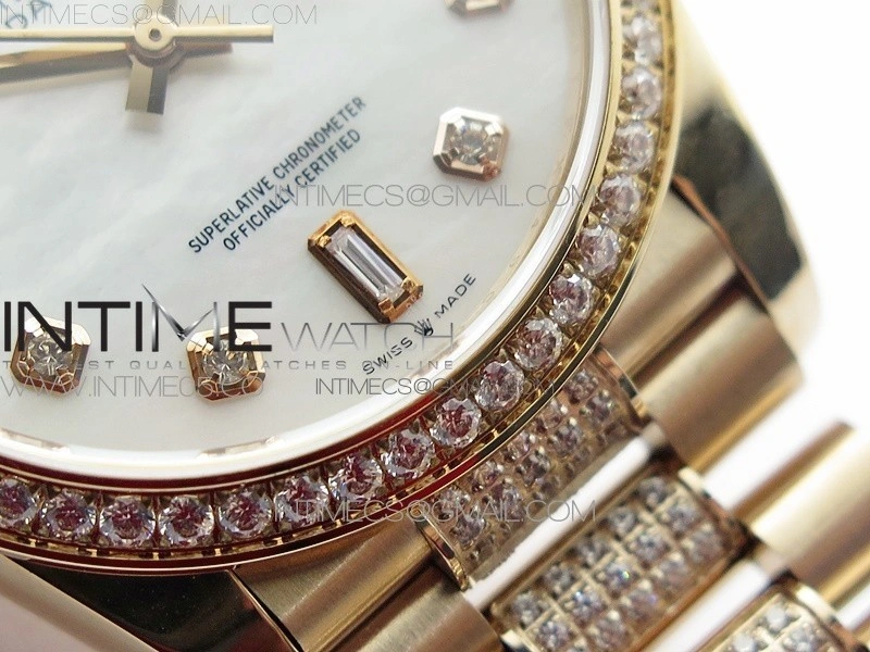 Day-Date 36 128235 RG Crystal BP Best Edition White MOP Crystal Marker Dial on RG President Bracelet A2836