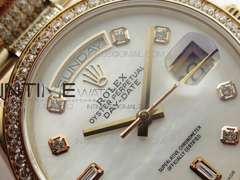 Day-Date 36 128235 RG Crystal BP Best Edition White MOP Crystal Marker Dial on RG President Bracelet A2836
