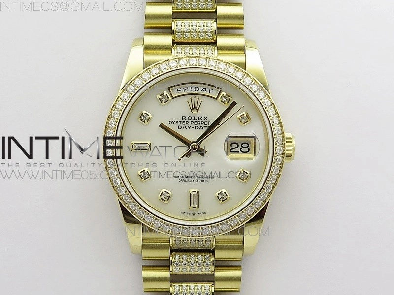 Day-Date 36 128235 YG Crystal BP Best Edition White MOP Crystal Marker Dial on YG President Bracelet A2836