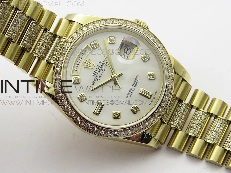 Day-Date 36 128235 YG Crystal BP Best Edition White MOP Crystal Marker Dial on YG President Bracelet A2836