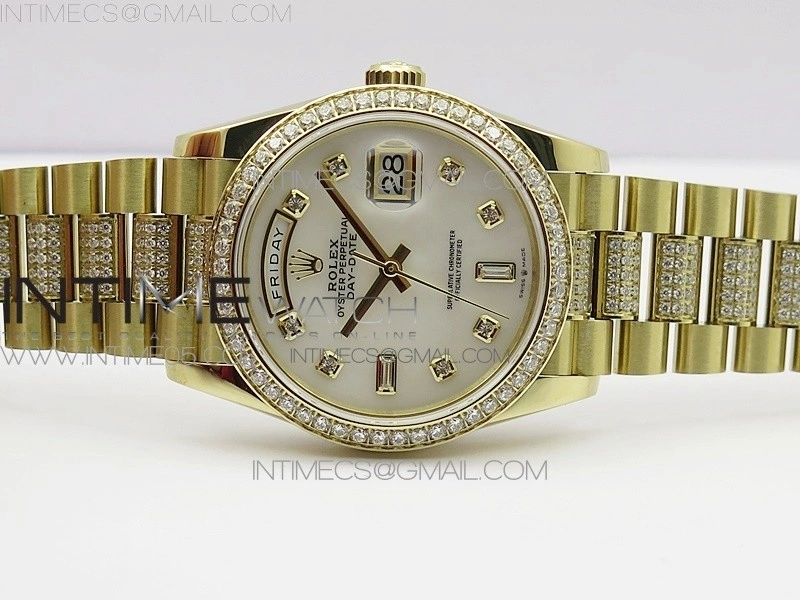 Day-Date 36 128235 YG Crystal BP Best Edition White MOP Crystal Marker Dial on YG President Bracelet A2836