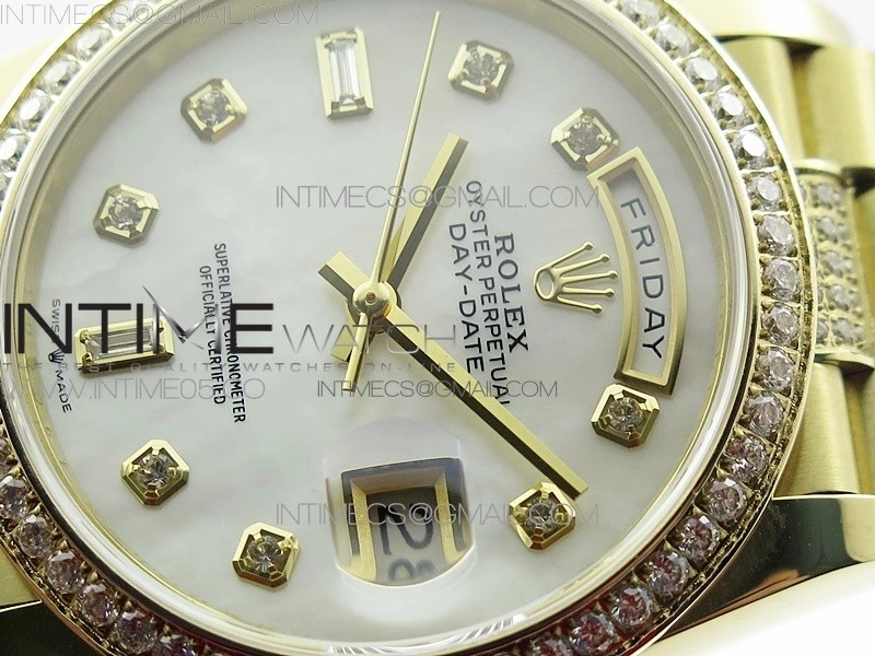 Day-Date 36 128235 YG Crystal BP Best Edition White MOP Crystal Marker Dial on YG President Bracelet A2836