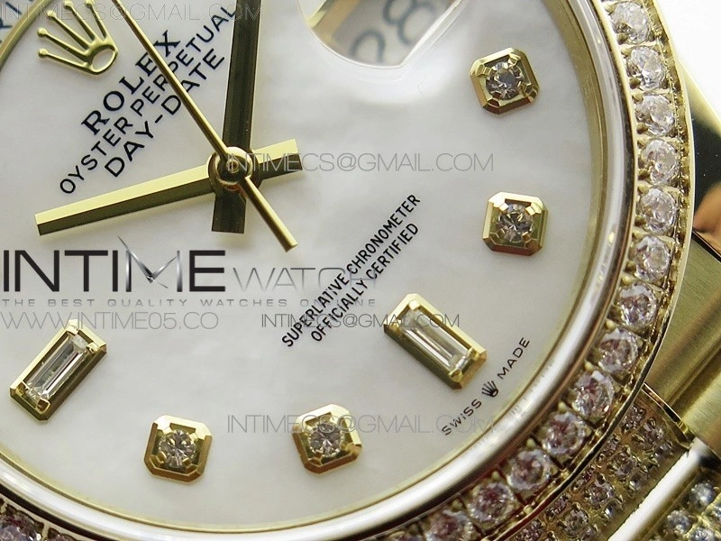 Day-Date 36 128235 YG Crystal BP Best Edition White MOP Crystal Marker Dial on YG President Bracelet A2836