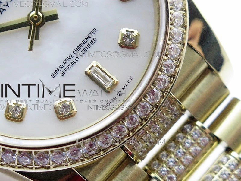 Day-Date 36 128235 YG Crystal BP Best Edition White MOP Crystal Marker Dial on YG President Bracelet A2836