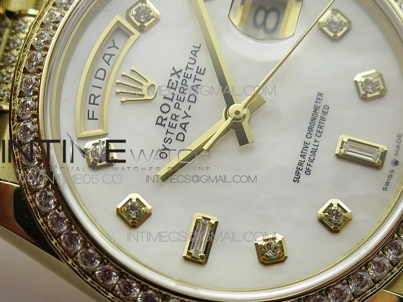 Day-Date 36 128235 YG Crystal BP Best Edition White MOP Crystal Marker Dial on YG President Bracelet A2836