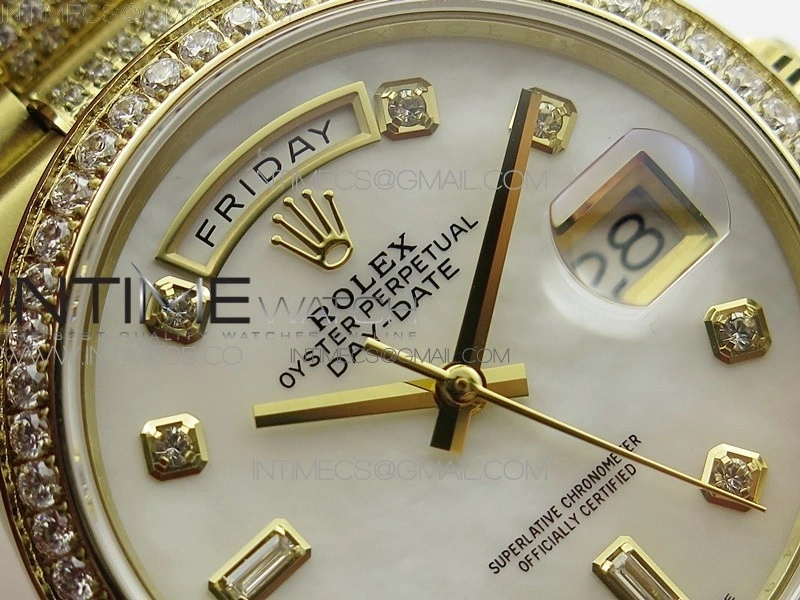 Day-Date 36 128235 YG Crystal BP Best Edition White MOP Crystal Marker Dial on YG President Bracelet A2836