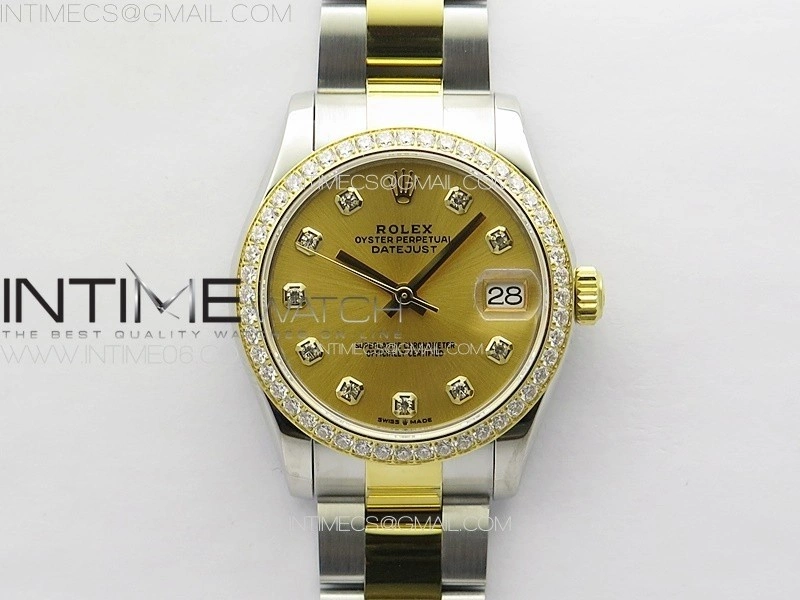 DateJust 31mm 72610 SS YG Crystals Bezel APSF Best Edition Gold Dial Crystals Markers on Oyster Bracelet A2824