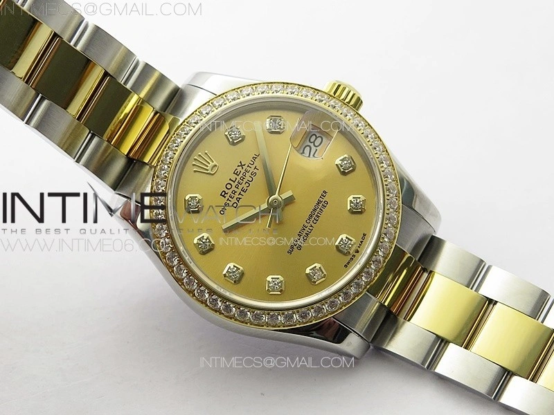 DateJust 31mm 72610 SS YG Crystals Bezel APSF Best Edition Gold Dial Crystals Markers on Oyster Bracelet A2824