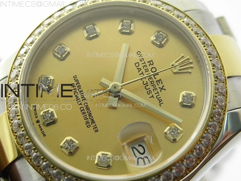 DateJust 31mm 72610 SS YG Crystals Bezel APSF Best Edition Gold Dial Crystals Markers on Oyster Bracelet A2824