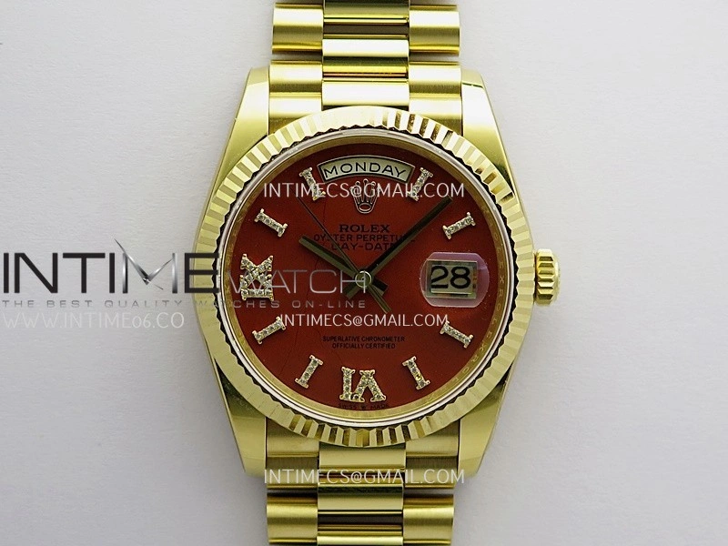 Daydate 128238 36mm YG QHF Best Edition Carnelian Dial on YG President Bracelet A2834